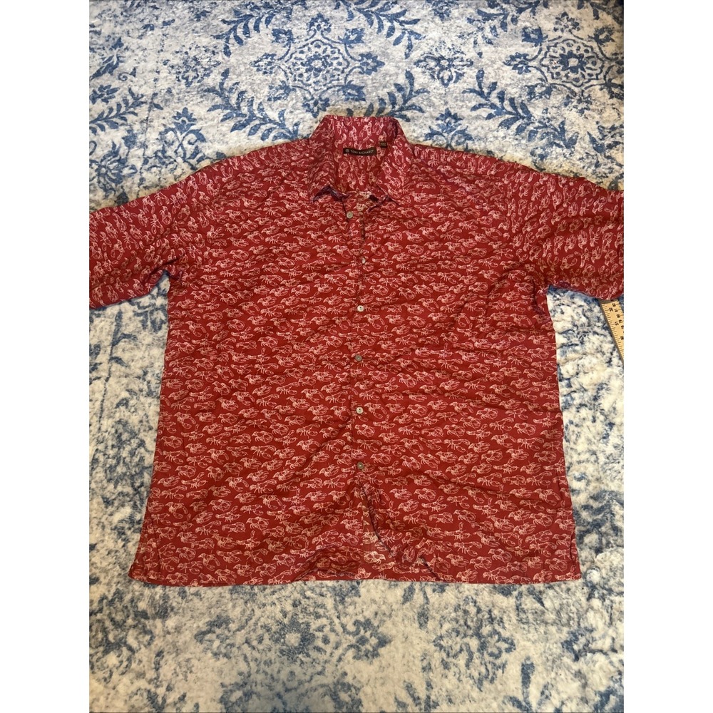 Tori Richard Mens Hawaiian Shirt Xl Red White Lobster Print Cotton Lawn USA